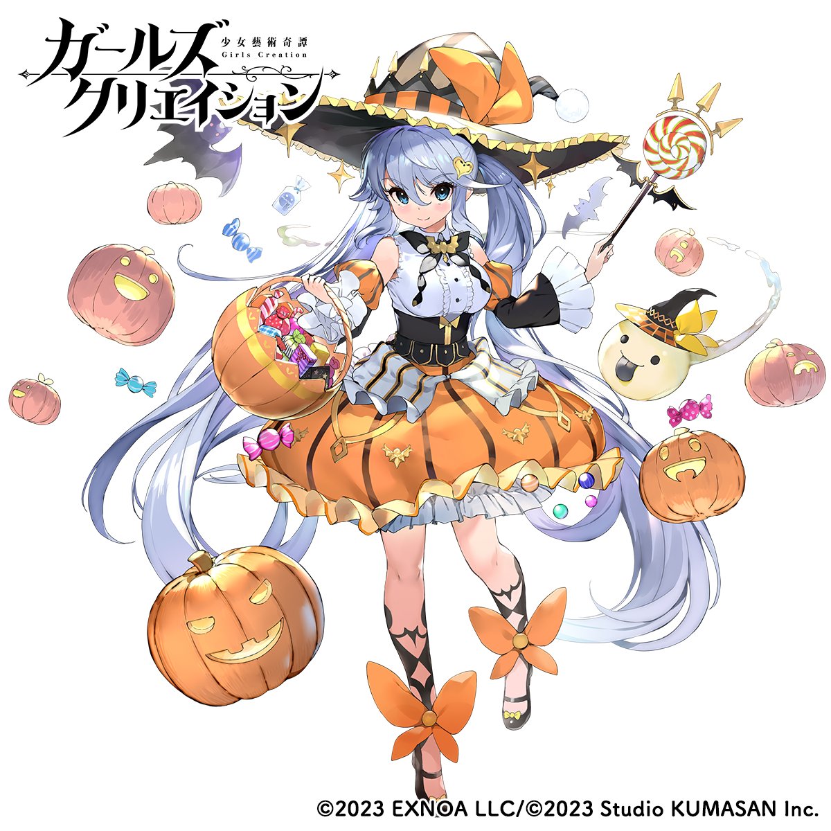 2023 blue_eyes blue_hair bow candy dress food girls_creation halloween halloween_costume hat highres jack-o'-lantern long_hair michelangelo_(girls_creation) nauribon pumpkin sweets twintails wand witch witch_hat