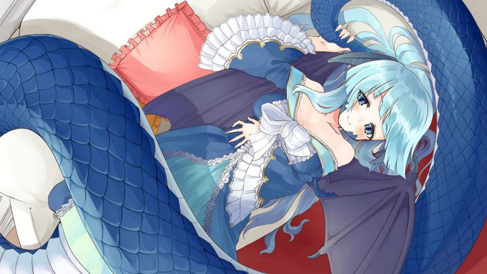 1girl artist_request bare_shoulders black_wings blue_dress blue_eyes blue_hair blue_scales blush breasts cleavage clothes_pull dress dress_pull facial_mark game_cg grabbing_own_tail lamia long_hair looking_at_viewer lucine_(monster_musume) lying medium_breasts monster_girl monster_musume_no_iru_nichijou monster_musume_no_iru_nichijou_online official_art on_back smile solo wings