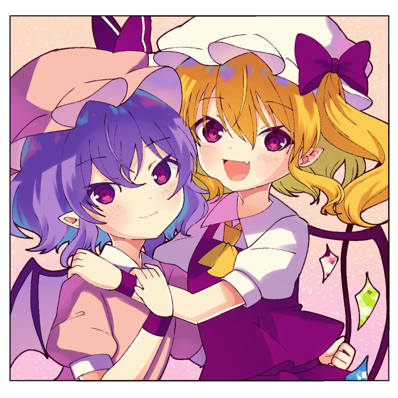2girls :d ascot bat_wings blonde_hair closed_mouth commentary crystal fang flandre_scarlet hat highres looking_at_viewer medium_hair mob_cap multiple_girls open_mouth pink_background pink_headwear pointy_ears purple_hair red_eyes remilia_scarlet rinrin_(rinrinillust) short_hair short_sleeves siblings sisters smile touhou upper_body white_headwear wings yellow_ascot