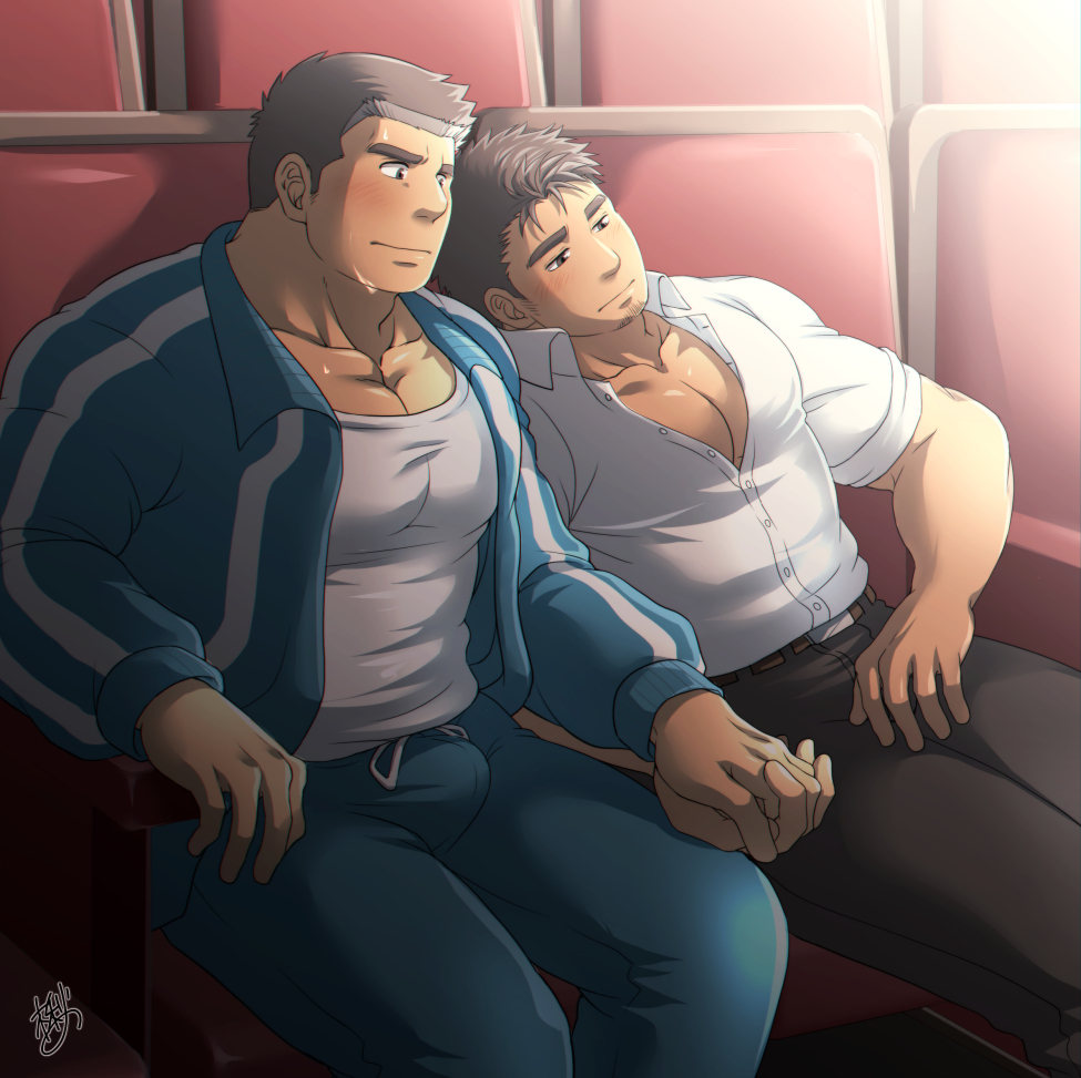 2boys age_difference bara blush bulge character_request coach collarbone collared_shirt couple erection erection_under_clothes feet_out_of_frame holding_hands interlocked_fingers jacket large_pectorals leaning_on_person leaning_to_the_side long_sideburns male_focus mature_male movie_theater multiple_boys muscular muscular_male pants partially_unbuttoned pectoral_cleavage pectorals rental_athletes school_uniform shirt short_hair sideburns sitting sunfight0201 teacher_and_student thick_eyebrows thick_thighs thighs track_jacket track_pants yaoi