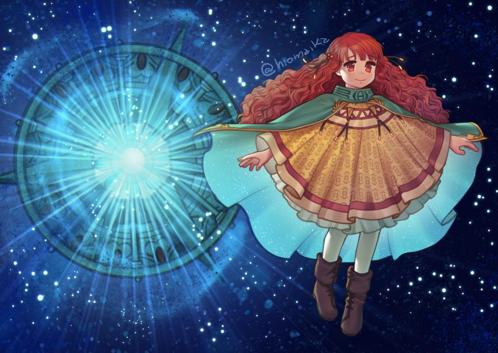 1girl black_background boots brown_footwear cape commission dress fire_emblem fire_emblem:_radiant_dawn green_cape hiomaika light_particles light_rays long_hair looking_to_the_side medallion orange_eyes orange_hair smile solo twitter_username yune_(fire_emblem)