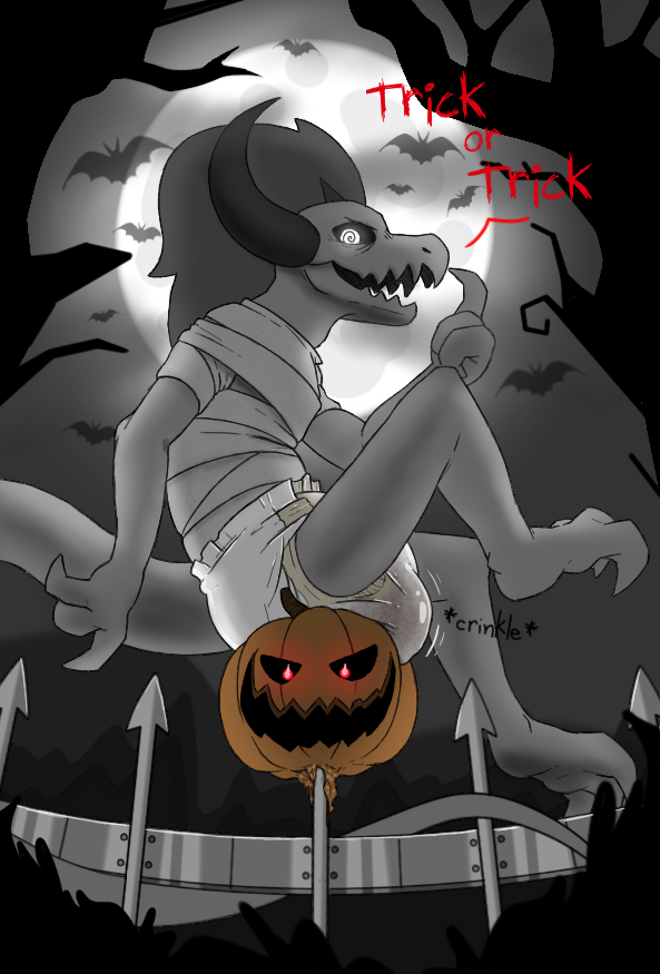 clothed clothing demon diaper diaper_fetish digital_drawing_(artwork) digital_media_(artwork) english_text etch_(poofy_dragon) feces full_diaper hair halloween holidays horn male messy_diaper poofy_dragon scat soiled soiled_diaper soiling solo tail text used_diaper wearing_diaper