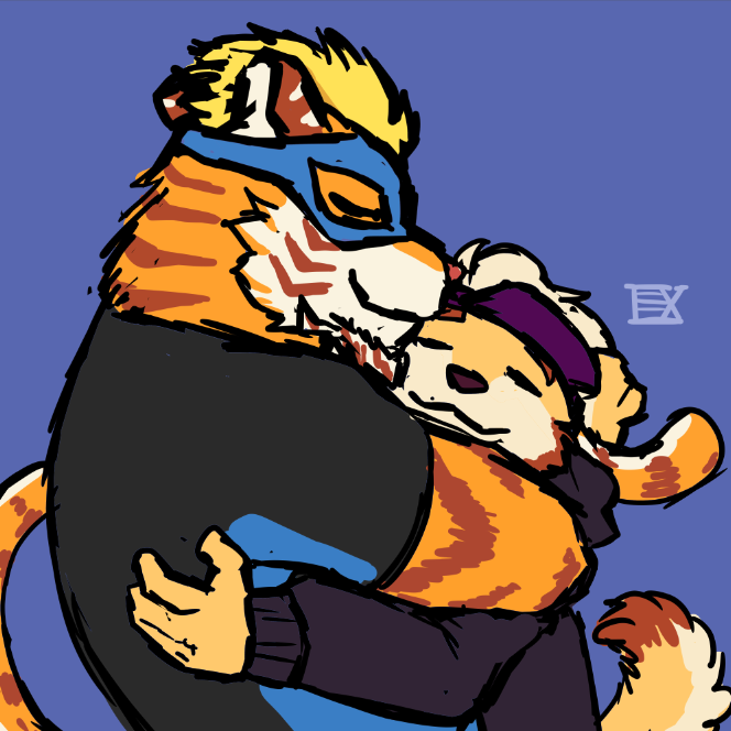 2021 anthro bandanna beard blonde_hair canid canine canis clothed clothing colored digital_media_(artwork) domestic_dog duo embrace eyes_closed facial_hair felid floppy_ears fully_clothed fur hair happy hoodie hug kerchief lex1art male mammal mask orange_body orange_fur pantherine relaxing signature simple_background smile spandex standing stripes super-nova tail tiger tight_clothing topwear vince_(super-nova) white_body white_fur yellow_body yellow_fur