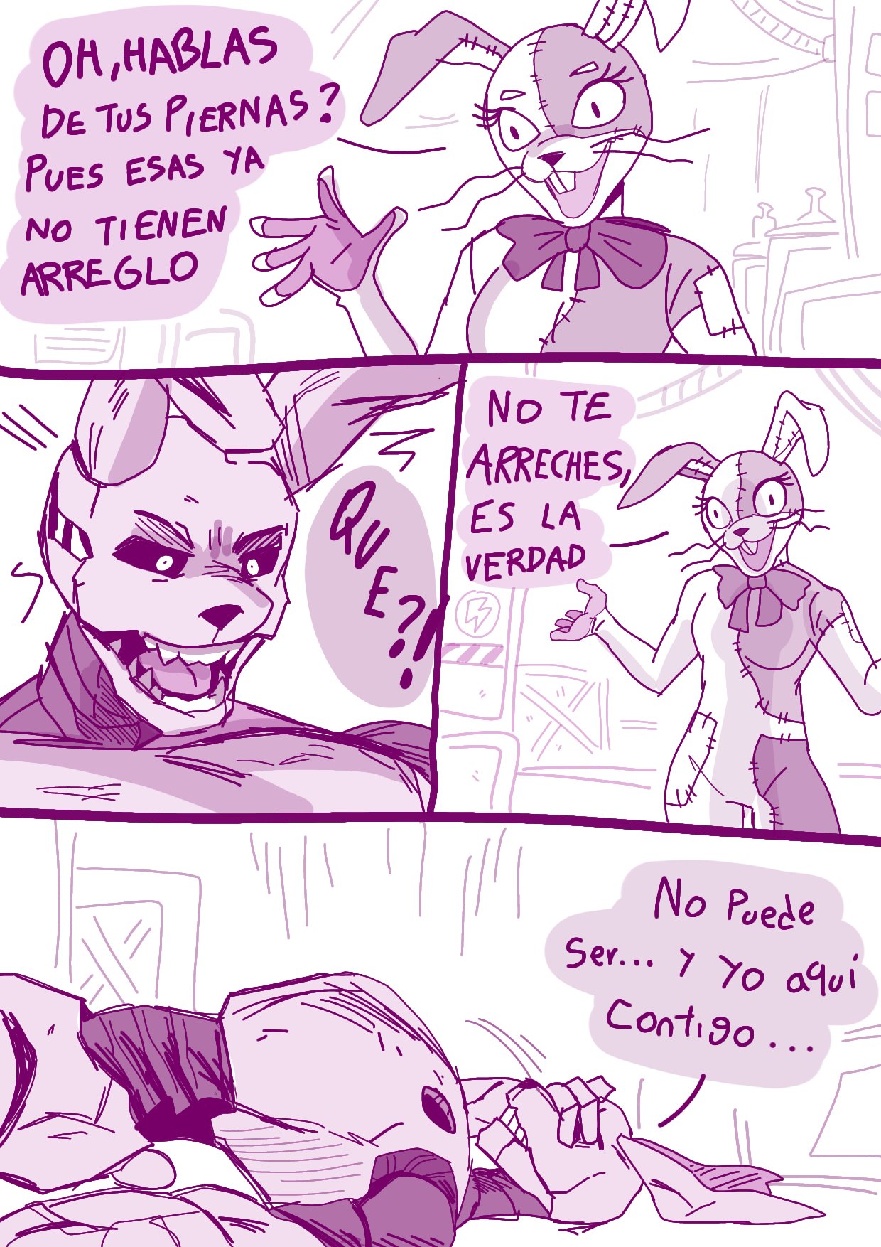 anthro bow_accessory buckteeth comic dialogue duo female five_nights_at_freddy's five_nights_at_freddy's_3 happy hi_res lagomorph leporid male mammal monochrome rabbit renita_reed scottgames simple_background spanish_text speech_bubble springtrap_(fnaf) teeth text vanny_(fnaf) whiskers white_background