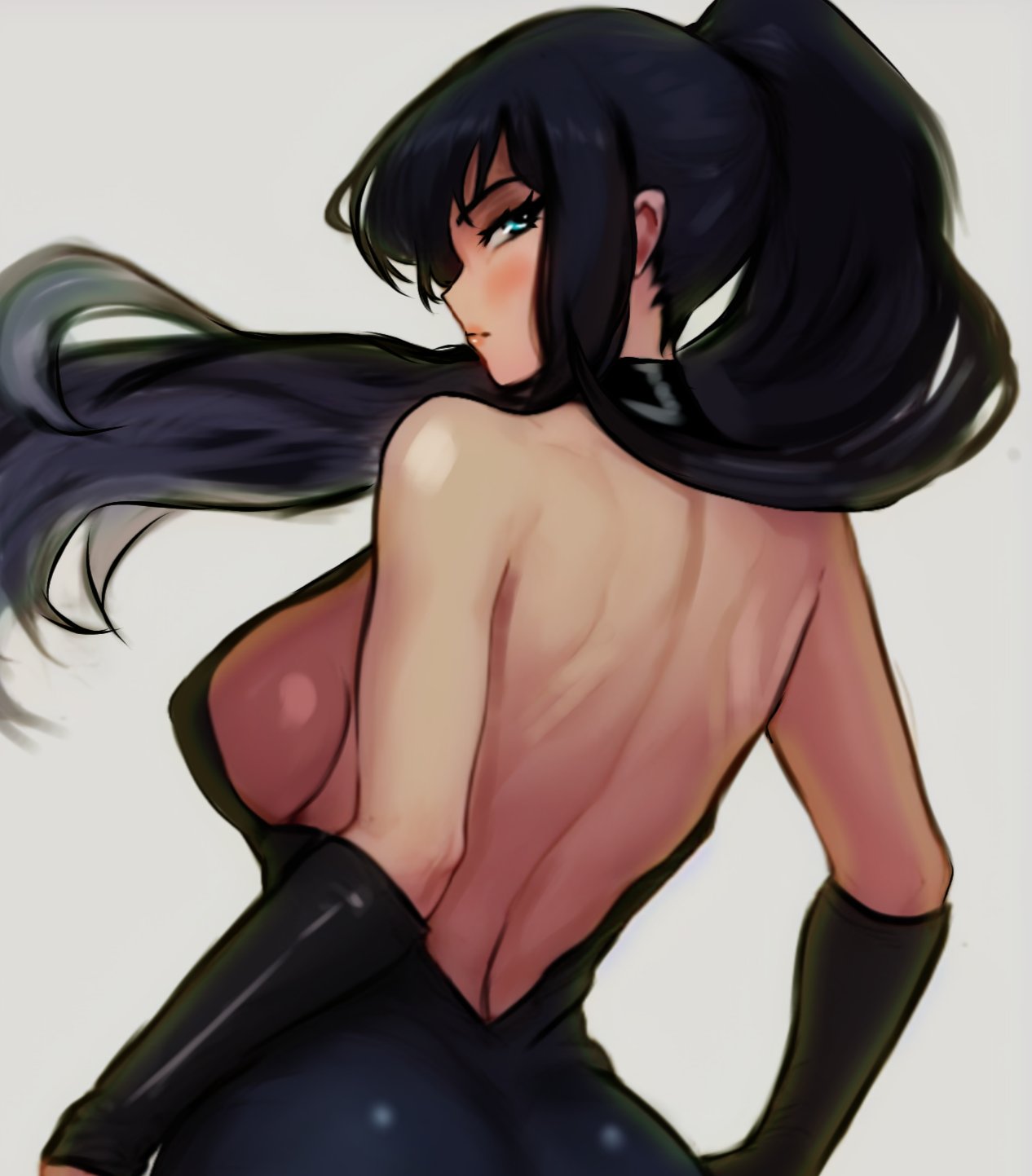 1girl bare_back bare_shoulders black_dress black_hair blush breasts detached_sleeves dress from_behind grey_background highres long_hair looking_at_viewer looking_back nico_robin one_piece one_piece_treasure_cruise ponytail shiny_skin sideboob simple_background solo vivian_opart