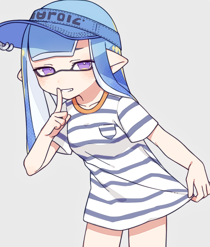 1girl blue_hair blue_shirt clothes_pull collarbone commentary_request finger_to_mouth inkling inkling_girl inuowour long_hair pointy_ears pulled_by_self purple_eyes shirt simple_background smile solo splatoon_(series) striped striped_shirt teeth two-tone_shirt visor_cap white_background white_shirt