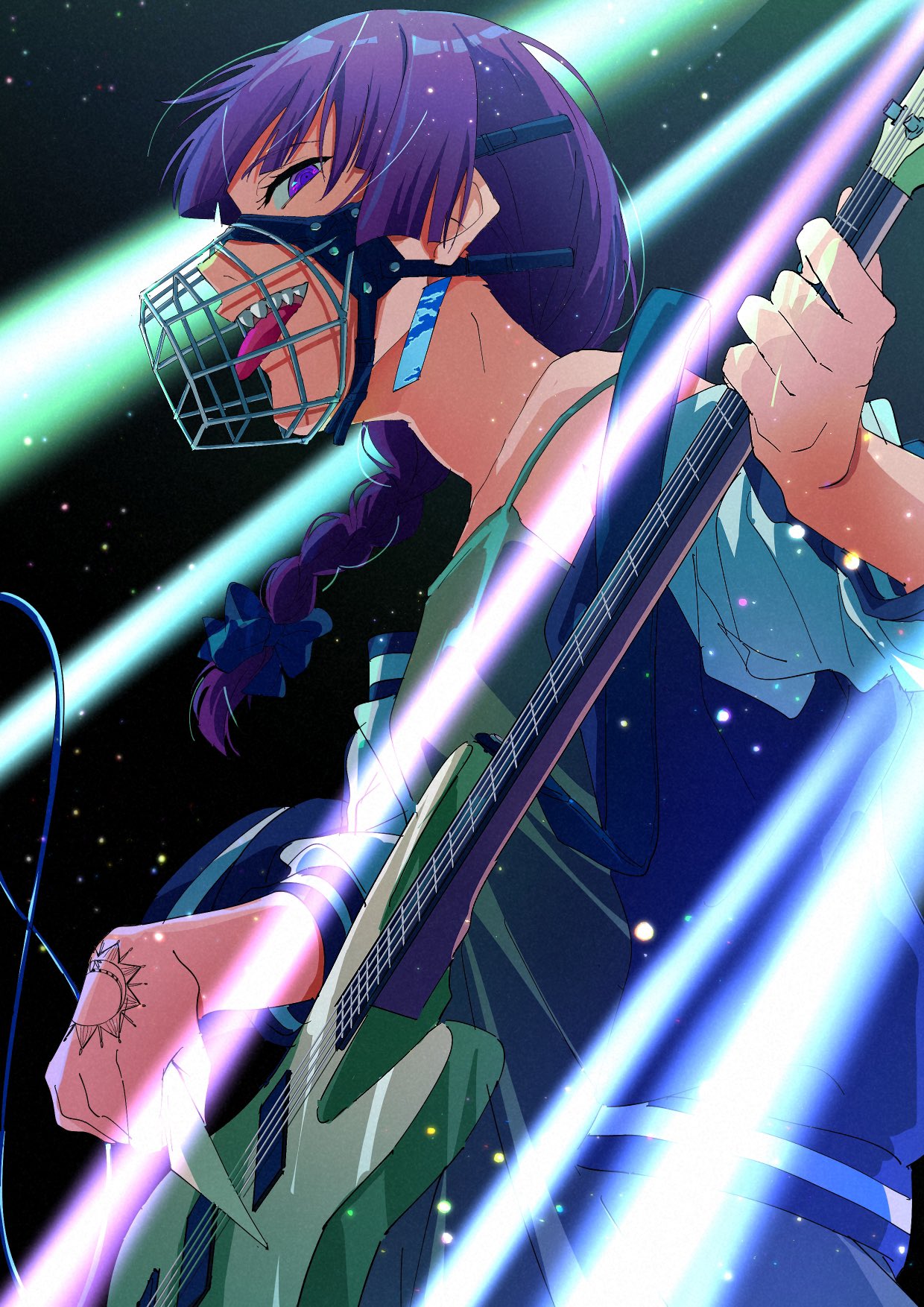 1girl bass_guitar black_bow blunt_bangs bocchi_the_rock! bow braid dress earrings green_dress hair_bow hair_over_shoulder highres hiroi_kikuri holding instrument jacket jewelry long_hair lowlifescore muzzle open_mouth purple_eyes purple_hair sharp_teeth single_braid smile solo tattoo teeth tongue tongue_out