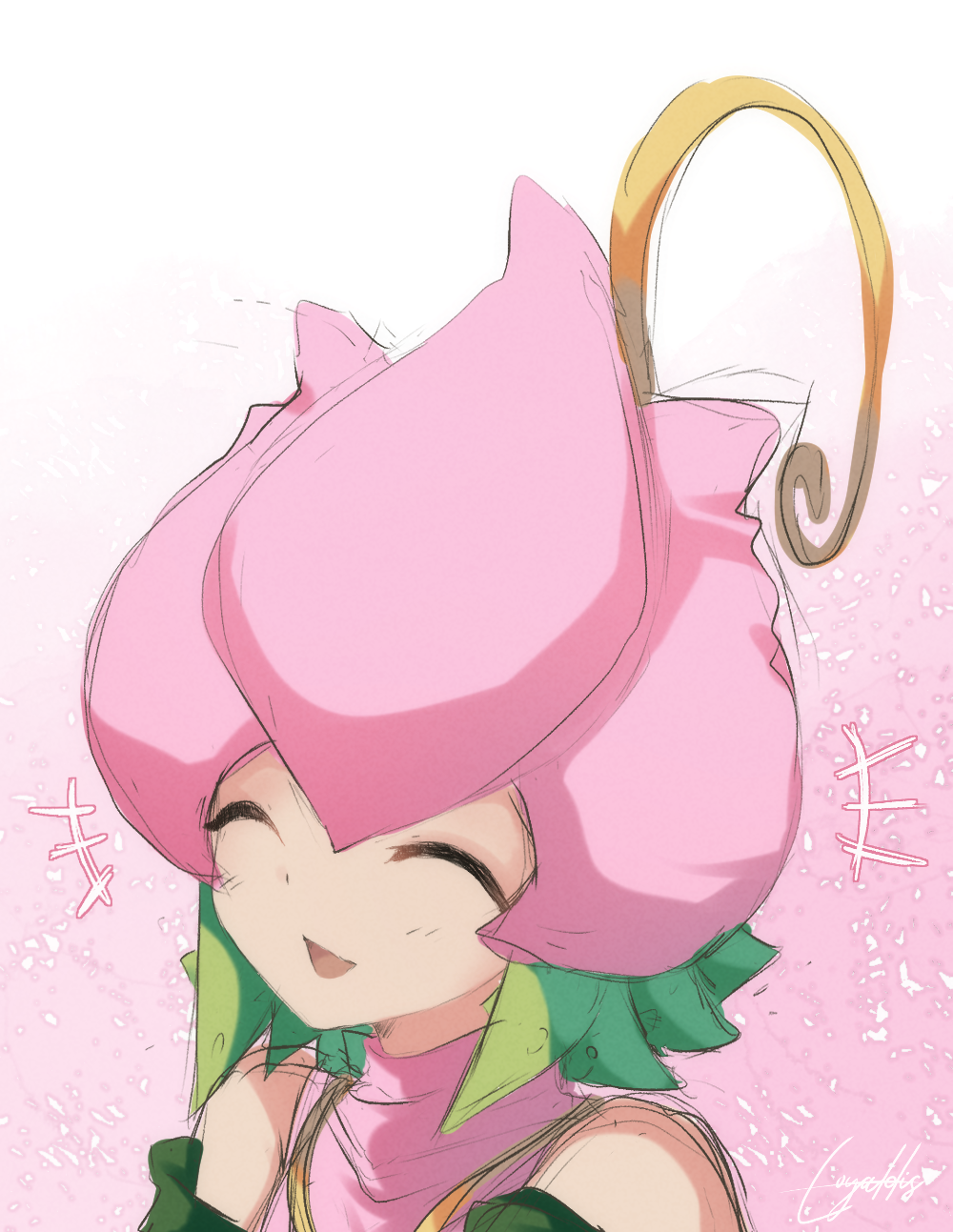 1girl blush closed_eyes digimon digimon_(creature) fairy flower happy highres lilimon looking_at_viewer loyaldis monster_girl open_mouth petals pink_background plant plant_girl simple_background sketch solo