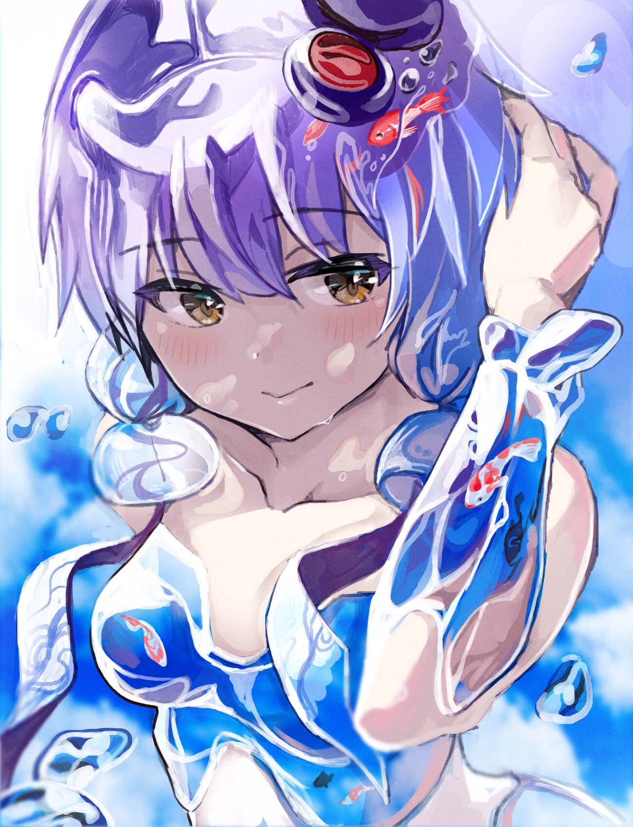 1girl air_bubble arm_up blue_background blue_sky breasts brown_eyes bubble commentary_request fish goldfish hair_ornament hand_in_own_hair highres medium_breasts nude purple_hair short_hair_with_long_locks sky solo translucent_skin upper_body vocaloid wind_chime yasuhara_roku yuzuki_yukari