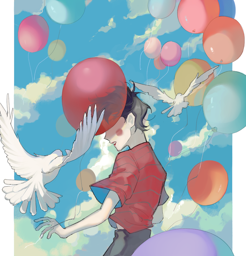 1boy animal balloon bird black_hair black_pants blue_sky blush_stickers covered_eyes day don't_starve dove from_side jenny25424633 lipstick makeup male_focus outside_border pants parted_lips red_lips red_shirt shirt short_hair short_sleeves sky surprised transparent upper_body wes_(don't_starve)