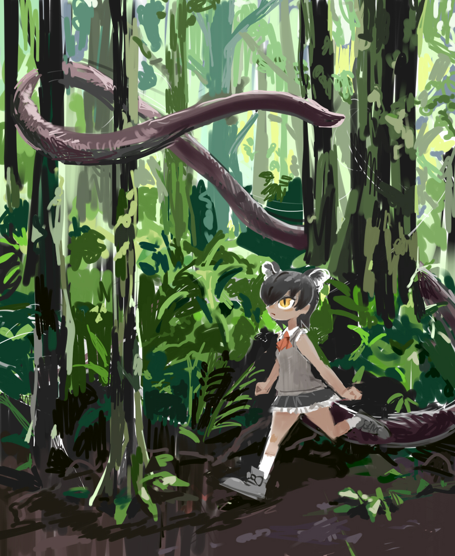 1girl animal_ears arms_at_sides black_hair black_skirt boots bow clenched_hands closed_mouth collared_shirt commentary_request dark-skinned_female dark_skin day expressionless footwear_bow forest fossa_(kemono_friends) grey_bow grey_footwear grey_vest kemono_friends kneehighs looking_up miniskirt mud nature neck_ribbon outdoors pero_(sabuaka_bacon) red_ribbon ribbon shirt short_hair skirt sleeveless sleeveless_shirt slit_pupils socks solo sweater_vest tree very_long_tail vest walking white_shirt white_socks wide_shot yellow_eyes