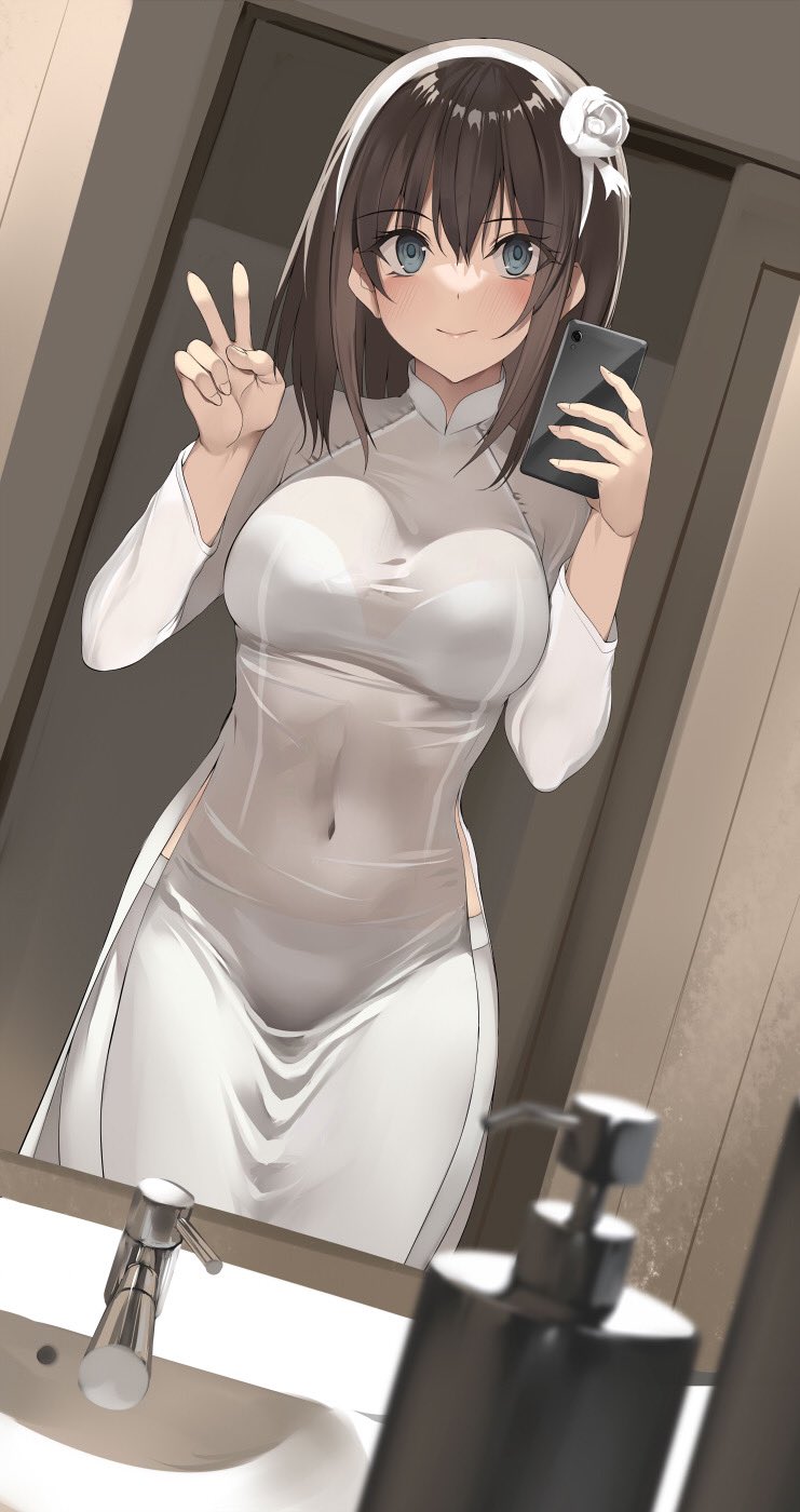 1girl blue_eyes blush breasts brown_hair cellphone character_request copyright_request covered_navel cowboy_shot dutch_angle faucet flower hair_flower hair_ornament hairband highres holding holding_phone kureha_(ironika) medium_breasts medium_hair mirror navel phone selfie sliding_doors smile soap_dispenser solo tight_clothes v