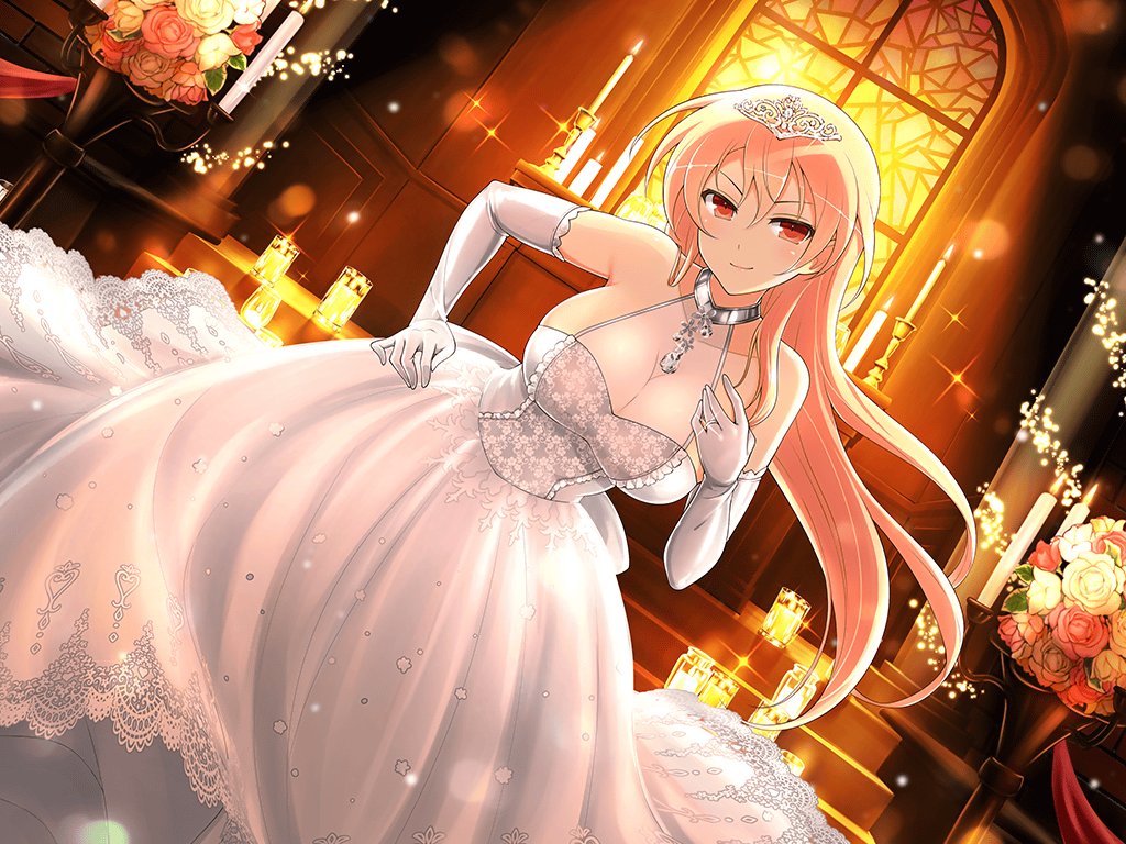 1girl altar bare_shoulders blonde_hair blush bouquet breasts bride candle candlelight candlestand church cleavage collarbone dress elbow_gloves fire flame flower frilled_dress frilled_gloves frills gloves indoors jewelry lace lace-trimmed_dress lace_trim large_breasts leaf light_particles long_hair looking_at_viewer necklace official_alternate_costume official_art open_mouth red_eyes red_flower red_rose ring rose see-through_cleavage senran_kagura senran_kagura_new_link senran_kagura_new_wave smile smirk solo souji_(senran_kagura) sparkle stained_glass standing tiara very_long_hair wax wedding wedding_dress wedding_ring white_dress white_flower white_gloves white_rose yaegashi_nan