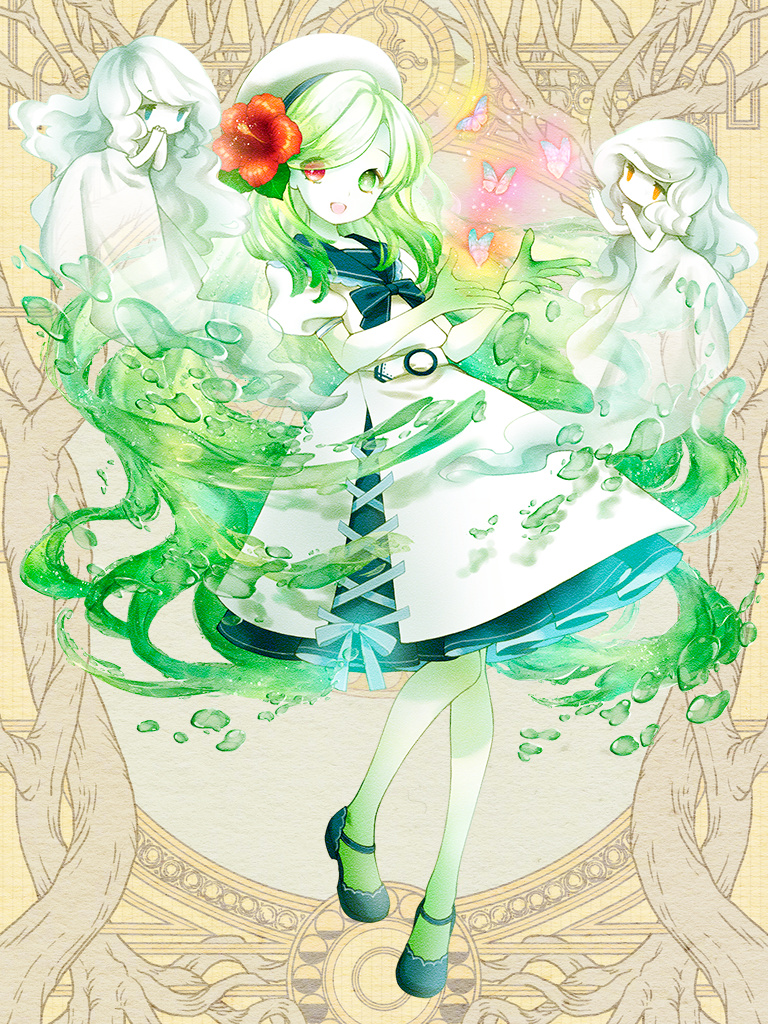 1girl 2others blue_eyes bug butterfly colored_skin cross-laced_clothes cross-laced_dress dairoku_ryouhei dress flower ghost gradient_skin green_eyes green_hair green_skin hair_flower hair_ornament heterochromia long_hair multiple_others orange_eyes pepper_tone pom_nostalgia red_eyes red_flower very_long_hair white_dress white_headwear yellow_background