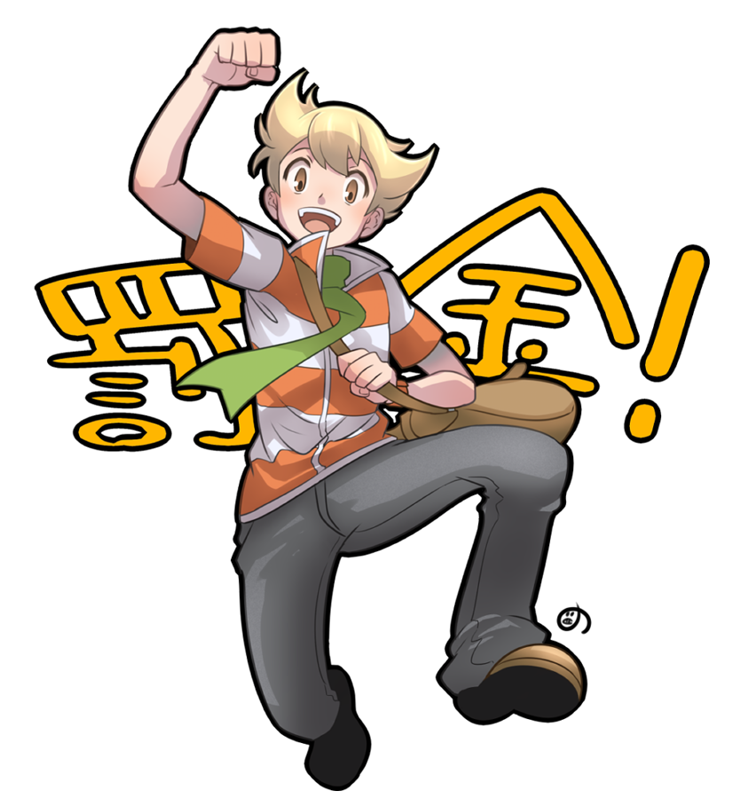 1boy bag barry_(pokemon) black_outline blonde_hair brown_eyes brown_footwear clenched_hand full_body green_scarf male_focus messenger_bag open_mouth outline pokemon pokemon_dppt scarf shimotsuki_noboru shoulder_bag simple_background smile solo white_background