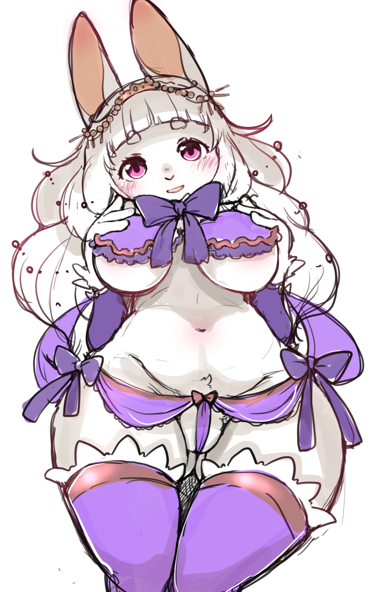2023 accessory anthro barely_visible_genitalia blush blush_lines bow_ribbon breasts clothed clothing digital_media_(artwork) female front_view fur genitals hair hair_accessory hand_on_own_breast hi_res kemono lagomorph legwear leporid long_ears long_hair looking_at_viewer mammal navel open_mouth partially_clothed pink_eyes purple_clothing pussy pussy_floss rabbit setouchi_kurage simple_background solo standing stockings thick_thighs white_body white_fur white_hair