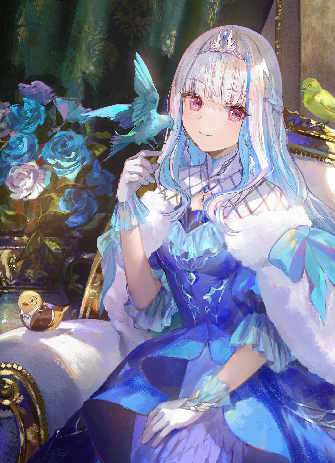 1girl aqua_hair bird blue_bird blue_bow blue_dress blue_flower blunt_bangs bow braid cape colored_inner_hair commentary couch curtains dress duck duckling flower frilled_gloves frilled_sleeves frills fur_cape fuzichoco gloves gown green_bird highres juliet_sleeves lize_helesta long_hair long_sleeves looking_at_viewer monocle multicolored_hair nijisanji on_couch puffy_sleeves purple_eyes purple_flower sebastian_piyodore short_sleeves sitting smile solo spread_wings streaked_hair symbol-only_commentary tiara virtual_youtuber white_cape white_flower white_gloves white_hair