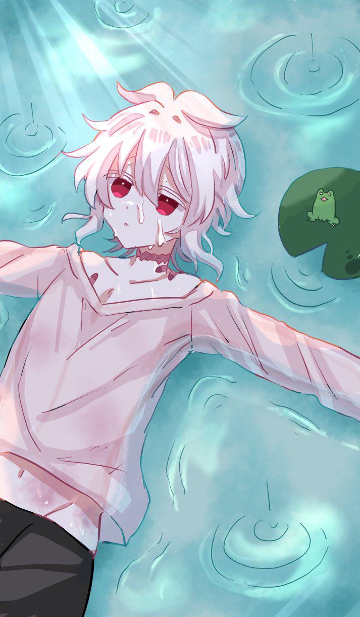 1boy aida_yuuya bandaid black_pants bruise frog highres injury lily_pad long_sleeves lying midriff_peek natsumoriii okami_game_(werewolf) on_back pants pink_sweater red_eyes sketch sunlight sweater water water_drop white_hair