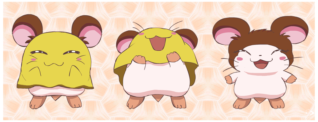 bedding blanket blush border brown_body brown_fur cricetid eyes_closed female feral fur hamster hamtaro_(series) mammal pattern_background penelope_(hamtaro) pichu90 rodent simple_background smile solo white_body white_border white_fur