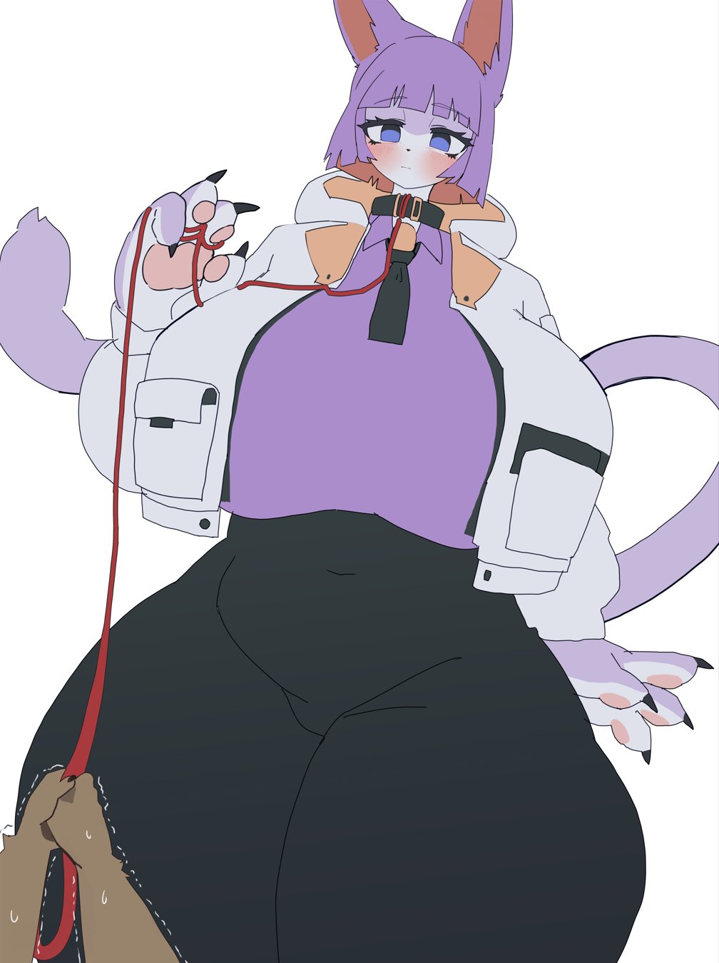 ambiguous_gender anthro big_breasts blue_eyes blush breasts brown_body brown_fur claws clothed clothing collar curvy_figure duo female fur hair hi_res huge_breasts jacket larger_female leash low-angle_view macro macro_female mammal navel navel_outline pawpads paws purple_body purple_fur purple_hair short_hair size_difference solo_focus thick_thighs topwear utterangle voluptuous voluptuous_female wide_hips