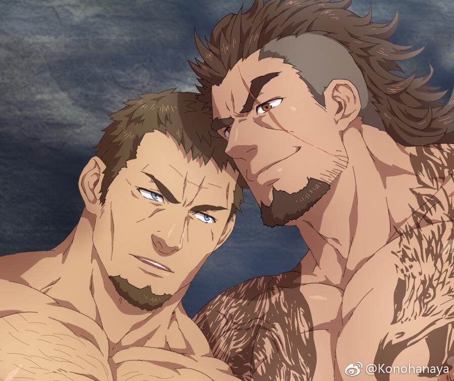 2boys adam's_apple arm_tattoo bara chest_hair close-up cor_leonis couple cropped facial_hair final_fantasy gladiolus_amicitia goatee hair_slicked_back heads_together konohanaya large_pectorals long_sideburns looking_at_another male_focus mature_male mullet multiple_boys muscular muscular_male pectorals sanpaku scar scar_across_eye seductive_smile short_hair sideburns smile sparse_stubble tattoo thick_eyebrows undercut v-shaped_eyebrows yaoi