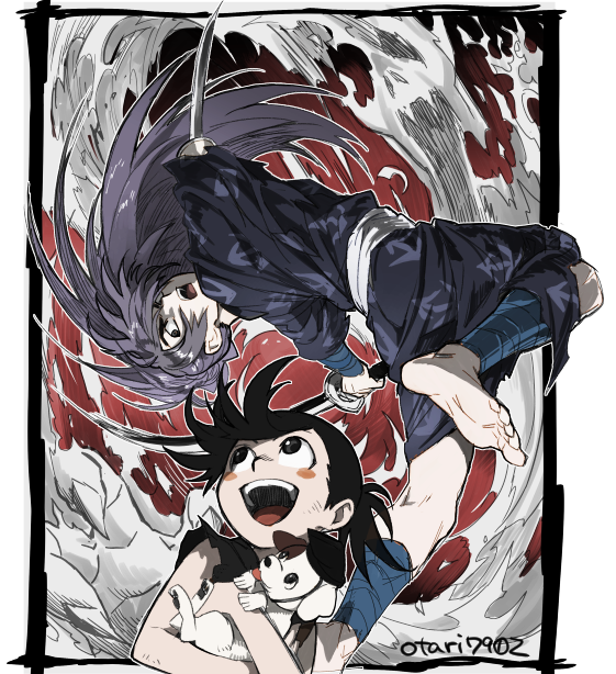 1boy 1girl androgynous barefoot black_hair blush_stickers brown_eyes dog dororo_(character) dororo_(tezuka) hyakkimaru_(dororo) indesign japanese_clothes long_hair open_mouth ponytail prosthesis smile sword weapon