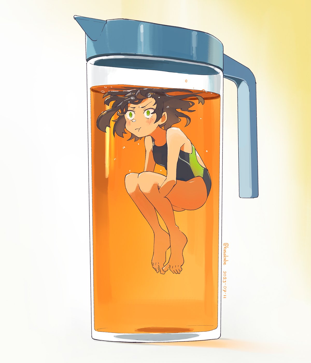 1girl :t barefoot barley_tea blush competition_swimsuit dated feet green_eyes highres holding_breath in_container kusakabe_(kusakabeworks) mini_person minigirl misskey.io misskey.io_username one-piece_swimsuit pitcher_(container) simple_background solo swimsuit syuilo_(misskey.io) tea toes underwater white_background wide-eyed