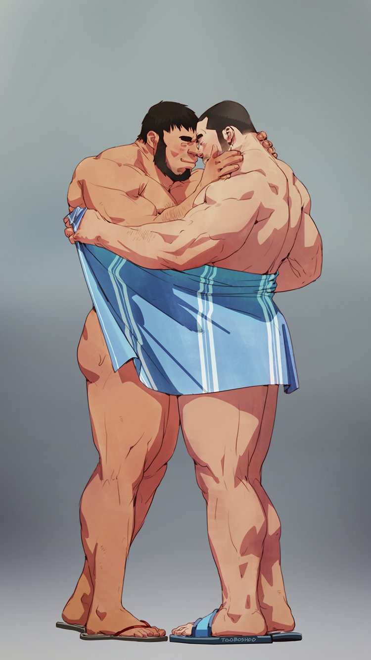 2boys after_bathing afterglow arm_hair ass_peek bara blush buzz_cut couple covering_another's_crotch dark-skinned_male dark_skin from_below full_body hand_on_another's_cheek hand_on_another's_face happy highres large_pectorals male_focus mature_male multiple_boys muscular muscular_male naked_towel noses_touching old old_man original pectorals profile receding_hairline shared_towel short_hair sideburns smile thick_eyebrows thick_neck thick_thighs thighs tooboshoo towel very_short_hair wet yaoi