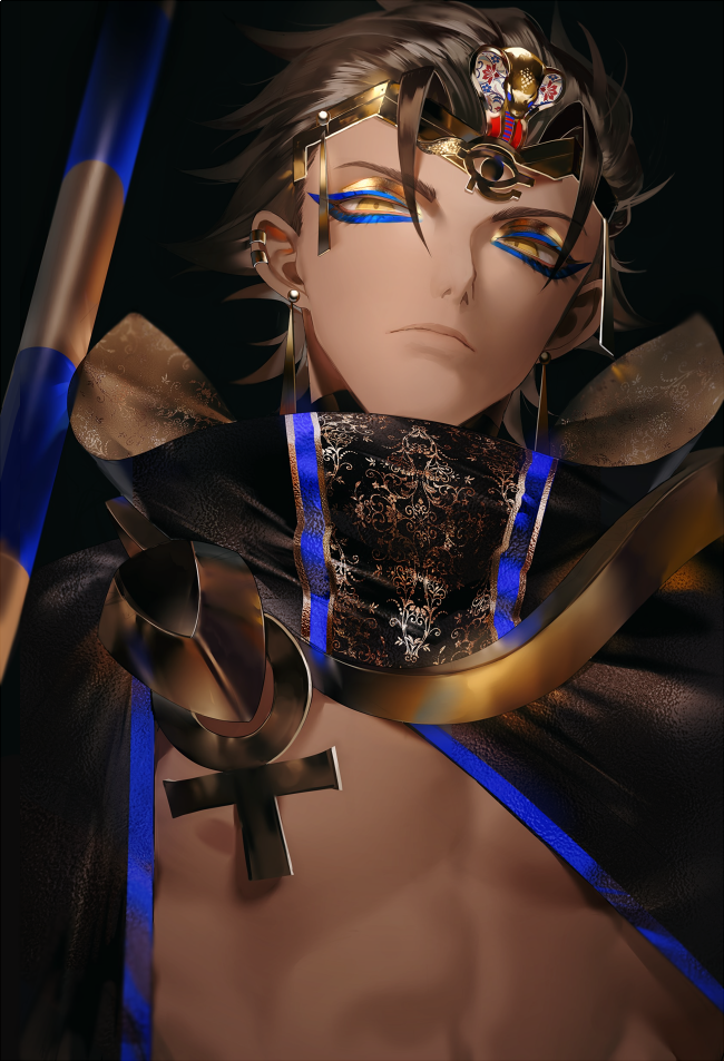 1boy ankh au_(d_elete) black_background brown_hair dark-skinned_male dark_skin ear_piercing earrings egyptian egyptian_clothes eye_of_horus fate/grand_order fate_(series) gold headdress holding holding_staff jewelry looking_at_viewer male_focus nipples ozymandias_(fate) pectorals piercing simple_background staff upper_body yellow_eyes