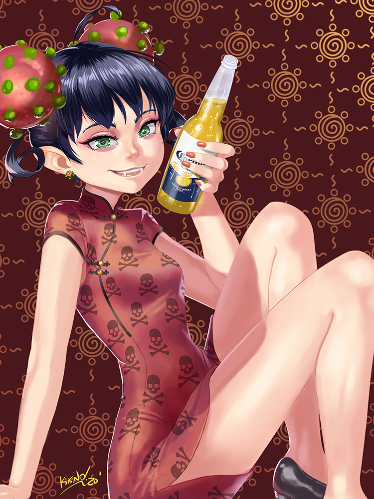 1girl :3 ahoge alcohol arm_support artist_name beer beer_bottle black_footwear black_hair bottle breasts brown_background bun_cover china_dress chinese_clothes corona-chan corona_(brand) coronavirus dated demon_girl double_bun dress drink earrings english_commentary eyelashes fangs foot_out_of_frame green_eyes grin hair_bun hair_up hands_on_ground high_heels holding holding_bottle holding_drink hoop_earrings jewelry kikino knees_up looking_at_viewer nose parted_lips personification pointy_ears print_dress pumps red_dress red_nails red_pupils short_dress short_sleeves signature sitting skull_and_crossbones small_breasts smile solo spiral thighs toggles