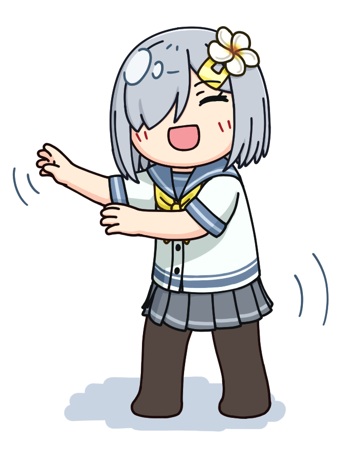 black_pantyhose closed_eyes commentary_request dancing flower grey_hair grey_sailor_collar grey_skirt hair_flower hair_ornament hair_over_one_eye hairclip hama!_(3toshinhmkz) hamakaze_(kancolle) hula kantai_collection neckerchief no_nose pantyhose pleated_skirt sailor_collar school_uniform serafuku short_hair simple_background skirt white_background yellow_neckerchief
