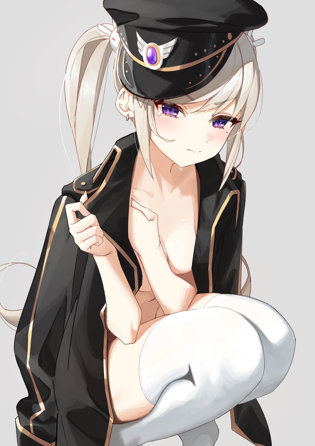1girl black_headwear black_jacket blonde_hair blush breasts closed_mouth collarbone covering covering_breasts crying crying_with_eyes_open earrings grey_background hat highres jacket jewelry long_hair looking_at_viewer maplestory medium_breasts military_hat mole mole_under_eye naked_jacket orchid_(maplestory) purple_eyes sidelocks solo squatting syhan tears thighhighs twintails v-shaped_eyebrows very_long_hair white_thighhighs