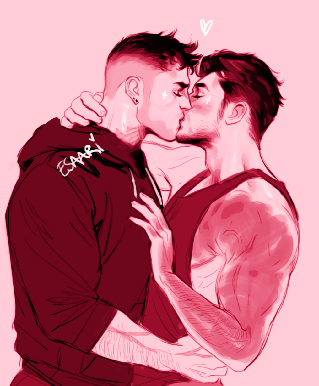 2boys arm_hair bara beard_stubble esaart facial_hair from_side gabe_(esaart) goatee heart highres hood hood_down hoodie kiss long_sideburns male_focus mature_male multiple_boys muscular muscular_male original pectorals pink_theme profile short_hair sideburns sidepec stubble tank_top thick_eyebrows undercut upper_body yaoi