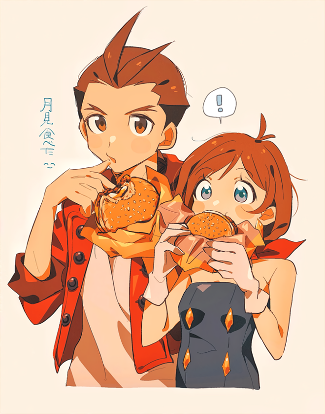 ! 1boy 1girl ace_attorney antenna_hair apollo_justice apollo_justice_(stylin'_street_clothes) black_shirt blue_eyes brother_and_sister brown_eyes brown_hair burger buttons commentary_request cropped_jacket eating food food_bite food_wrapper forked_eyebrows gloves grgrton half-siblings hands_up hood hood_down hooded_jacket jacket looking_at_viewer parted_lips red_jacket red_scarf scarf shirt short_hair siblings simple_background sleeves_rolled_up spoken_exclamation_mark strapless strapless_shirt swept_bangs translation_request trucy_wright white_gloves white_shirt wrapper