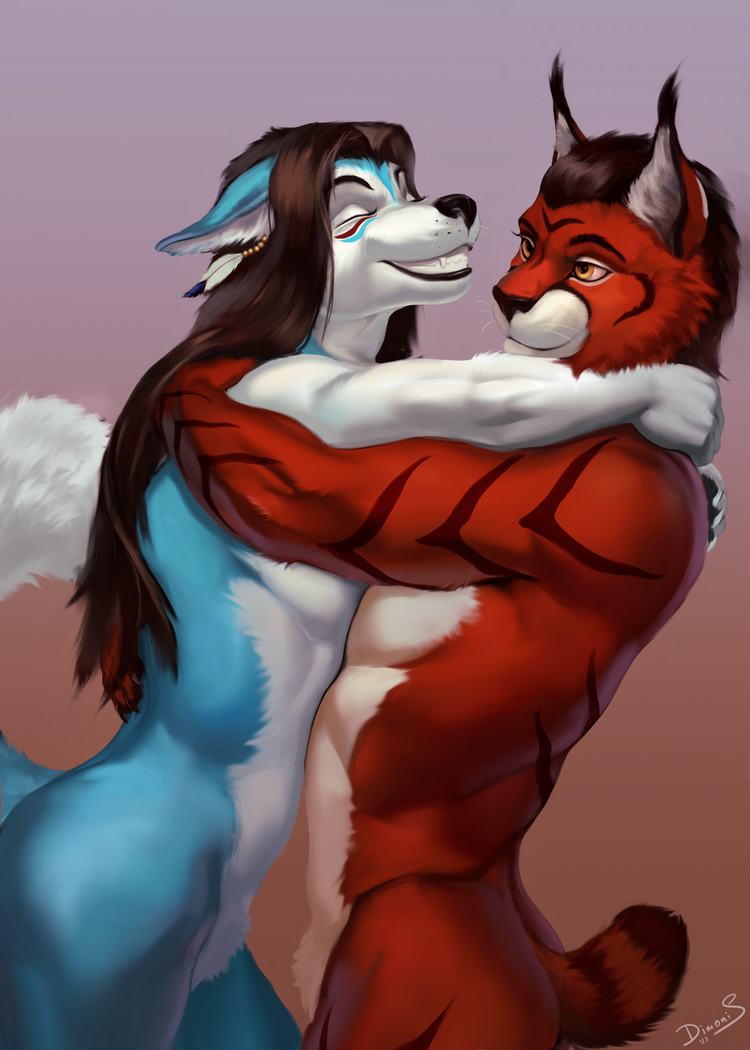 2023 anthro blue_body canid canine digital_media_(artwork) dimonis duo embrace felid feline fox fur hair hug hybrid lynx male male/male mammal muscular muscular_anthro muscular_male nude orange_eyes pantherine red_body signature simple_background smile tail teeth tiger white_body