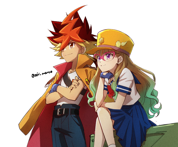 1boy 1girl blonde_hair brother_and_sister brown_eyes brown_hair coat crossed_arms gradient_hair green_hair multicolored_hair ochi_marco ohdo_yuamu ohdo_yuhi orange_coat orange_headwear purple_eyes red_hair siblings sitting twitter_username yu-gi-oh! yu-gi-oh!_go_rush!!