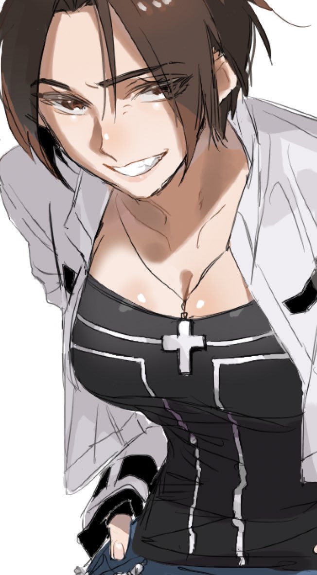 1girl breasts brown_eyes brown_hair cleavage cross curtained_hair fingerless_gloves genderswap genderswap_(mtf) gloves jacket kusanagi_kyou leather leather_jacket looking_at_viewer pants secondary_0000 shirt short_hair smile snk the_king_of_fighters