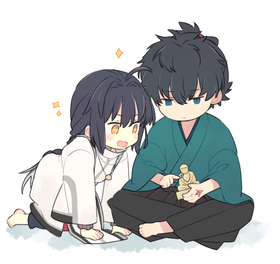 1boy 1other 87banana ahoge amulet androgynous black_hair black_hakama blue_eyes blue_kimono braid braided_ponytail carving command_spell excited fate/samurai_remnant fate_(series) hair_intakes hakama holding_statuette indian_style japanese_clothes kimono sitting smile sparkle statuette topknot yellow_eyes