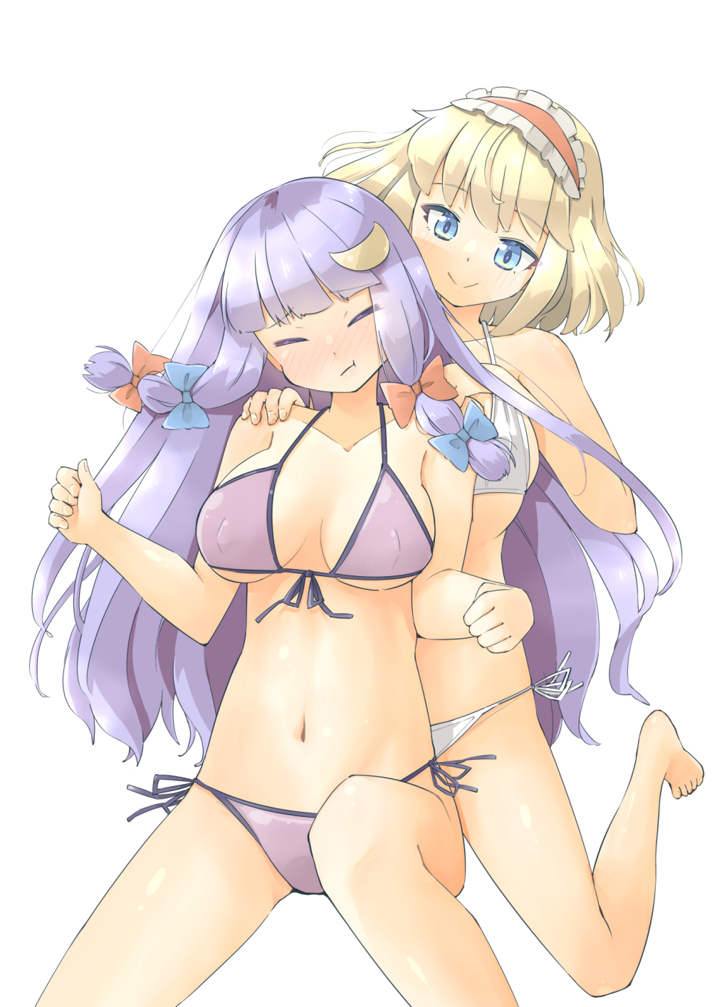 2girls alice_margatroid arnest bad_anatomy bad_leg bare_arms bare_legs bare_shoulders barefoot bikini blonde_hair blue_bow blue_eyes blush bow breasts closed_eyes closed_mouth collarbone commission crescent crescent_hair_ornament hair_bow hair_ornament hairband highres large_breasts lolita_hairband long_hair multiple_girls navel patchouli_knowledge purple_bikini purple_hair red_bow red_hairband short_hair sidelocks simple_background skeb_commission smile swimsuit touhou white_background white_bikini