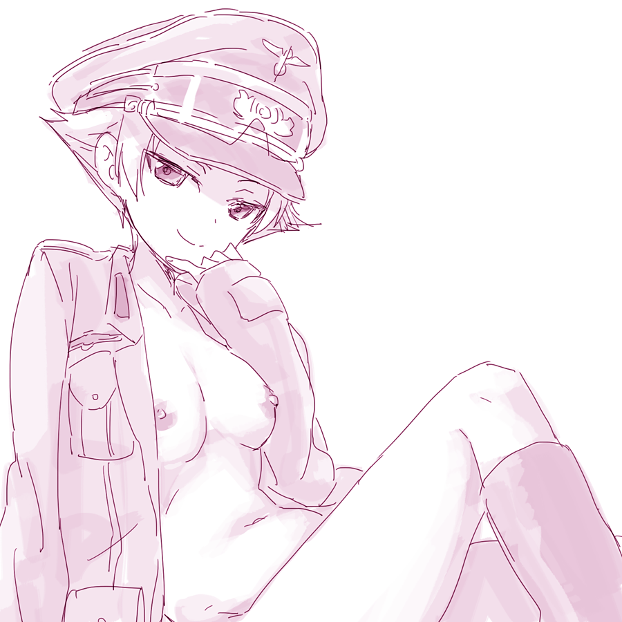 1girl blush breasts closed_mouth collarbone erwin_(girls_und_panzer) girls_und_panzer hat jacket looking_at_viewer medium_breasts military_hat military_uniform monochrome navel nipples no_bra no_panties open_clothes open_jacket shinaso_(sachi-machi) short_hair sketch smile solo uniform