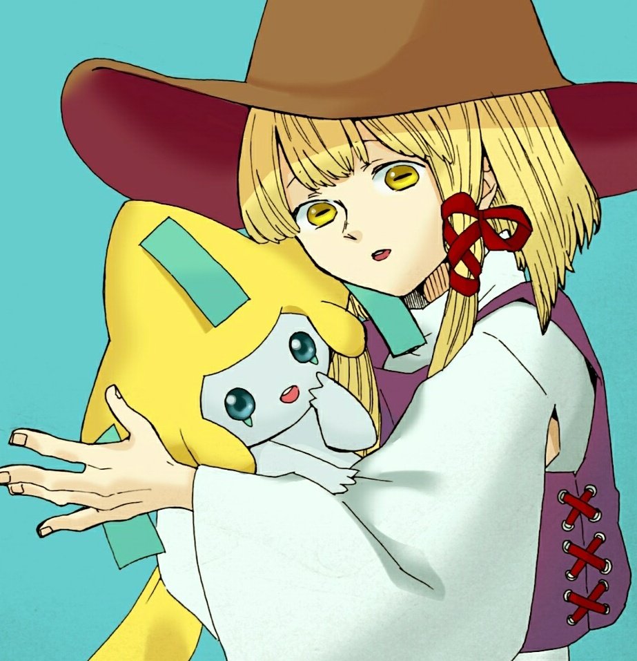 1girl blonde_hair blue_background blue_eyes bow brown_headwear crossover facial_mark frog_girl hair_between_eyes hair_bow hand_on_own_face hat horizontal_pupils hug jirachi medium_hair moriya_suwako open_mouth pale_skin pokemon pokemon_(creature) purple_vest red_bow sidelocks simple_background sweater teeth touhou turtleneck turtleneck_sweater upper_teeth_only vest white_sweater whoru wide_sleeves yellow_eyes