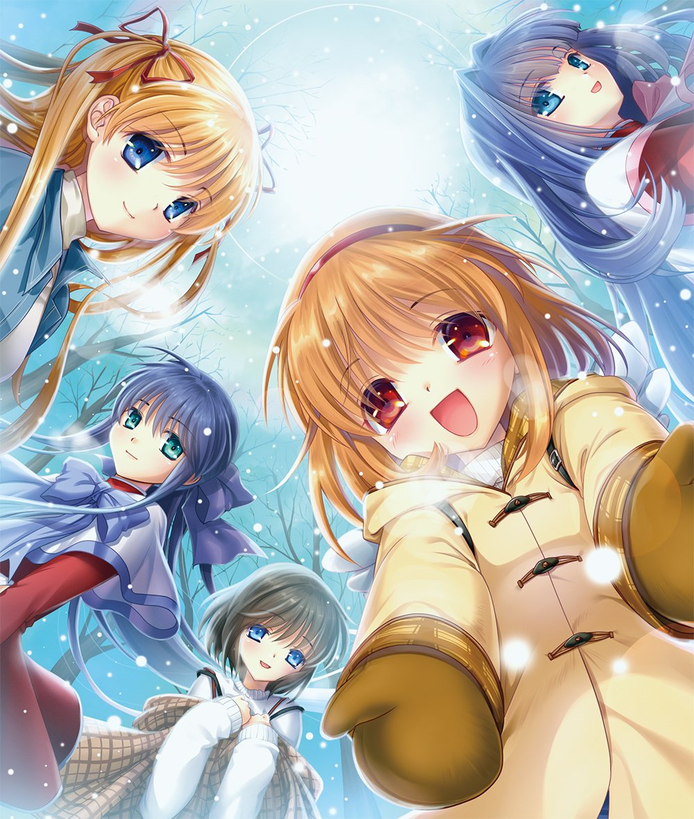 5girls :d angel_wings aqua_eyes bare_tree black_hair blue_bow blue_eyes blue_hair blush bow brown_gloves brown_hair capelet closed_mouth coat commentary_request dress eyes_visible_through_hair floating_hair foreshortening from_below gloves hair_between_eyes hair_bow hair_intakes hair_ribbon hairband hamada_mari happy hood hood_down kanon kawasumi_mai long_sleeves looking_at_viewer looking_down medium_hair minase_nayuki misaka_shiori mittens multiple_girls open_mouth orange_hair outdoors ponytail purple_bow red_dress red_eyes red_hairband red_ribbon ribbon sawatari_makoto school_uniform sidelocks sleeves_past_wrists smile snowing sweater tree tsukimiya_ayu two_side_up visible_air white_capelet white_sweater white_wings wings winter yellow_coat