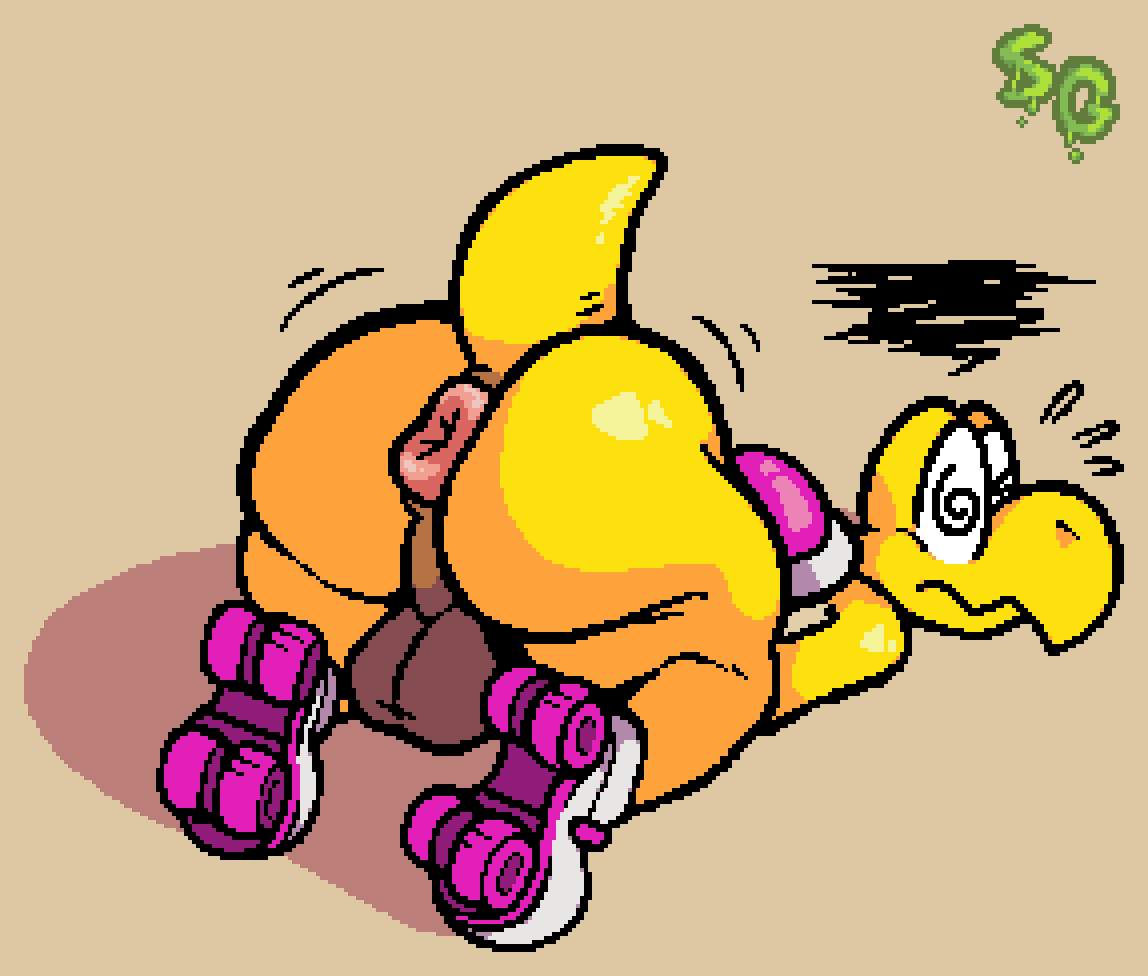 aliasing anthro anus balls big_balls big_butt butt clothing darkened_balls darkened_genitalia digital_drawing_(artwork) digital_media_(artwork) dizzy_eyes footwear genitals huge_butt kneeling koopa koopa_troopa male mario_bros mostly_nude nintendo one_eye_closed pink_anus pink_shell puffy_anus raised_tail rear_view roller_skates scalie shell short_tail simple_background sludgegutss solo spiral_eyes super_mario_bros_wonder tail thick_thighs three-quarter_view watermark yellow_body