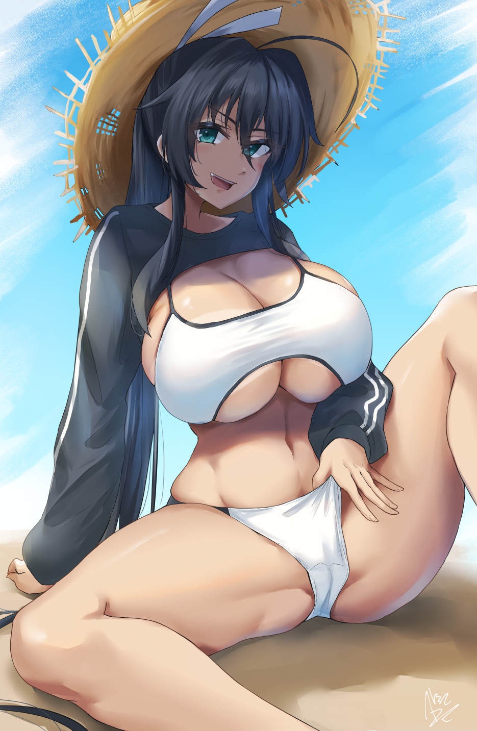 1girl azur_lane bikini black_hair black_shirt blue_eyes breasts clothing_cutout dark_skin day hair_between_eyes hat highres homura_(senran_kagura) ibara_azuki large_breasts long_hair long_sleeves looking_at_viewer navel open_mouth outdoors senran_kagura shirt sitting smile solo spread_legs straw_hat swimsuit thighs underboob_cutout white_bikini