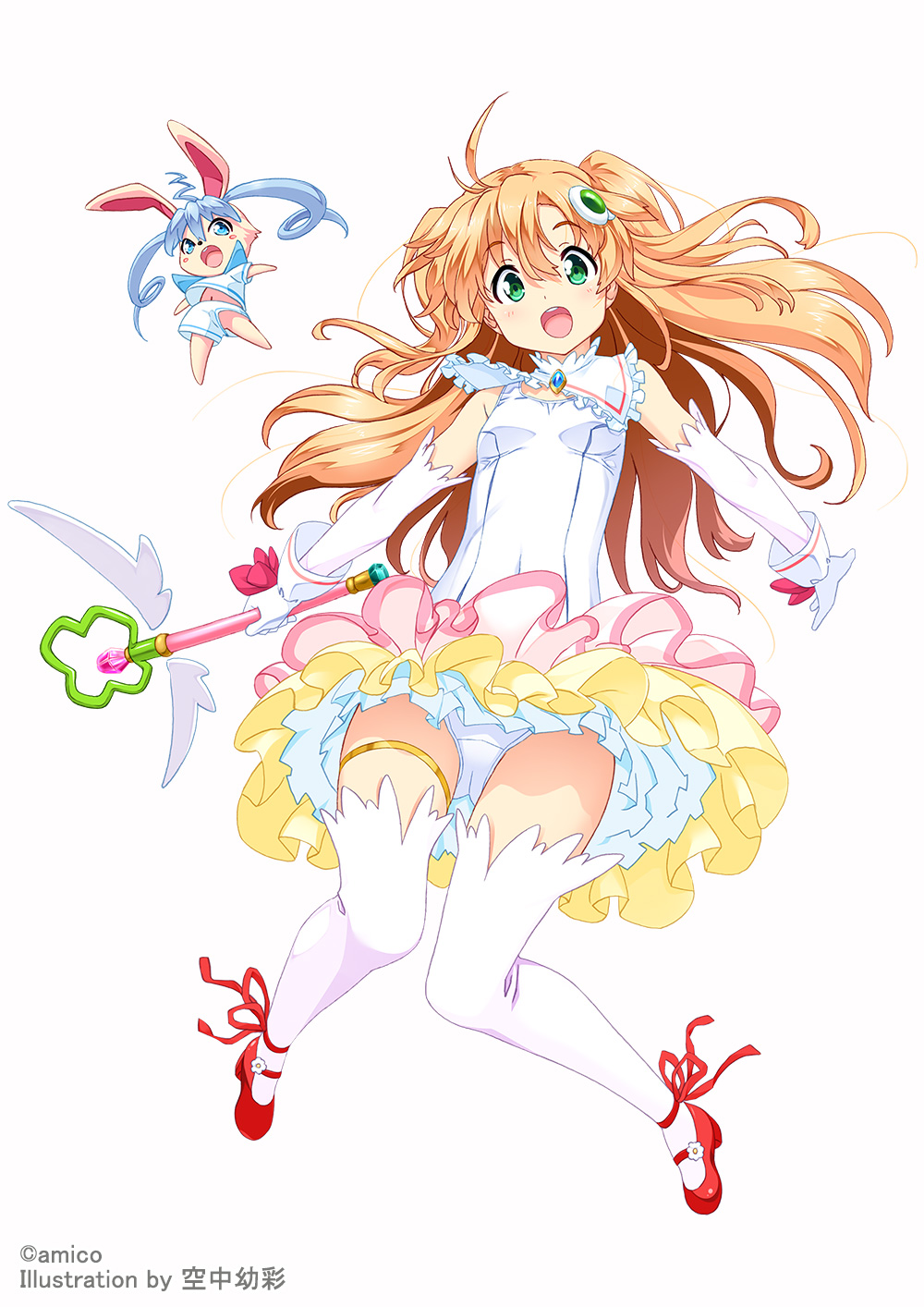 1girl amiami_(company) amico animal_ears blue_hair breasts covered_navel detached_sleeves dress frilled_dress frills gloves green_eyes hair_ornament highres holding holding_wand kuuchuu_yousai long_hair looking_at_viewer magical_girl official_art open_mouth orange_hair panties rabbit_ears red_footwear red_ribbon ribbon simple_background sleeveless sleeveless_dress small_breasts thighhighs underwear very_long_hair wand white_background white_gloves white_panties white_thighhighs