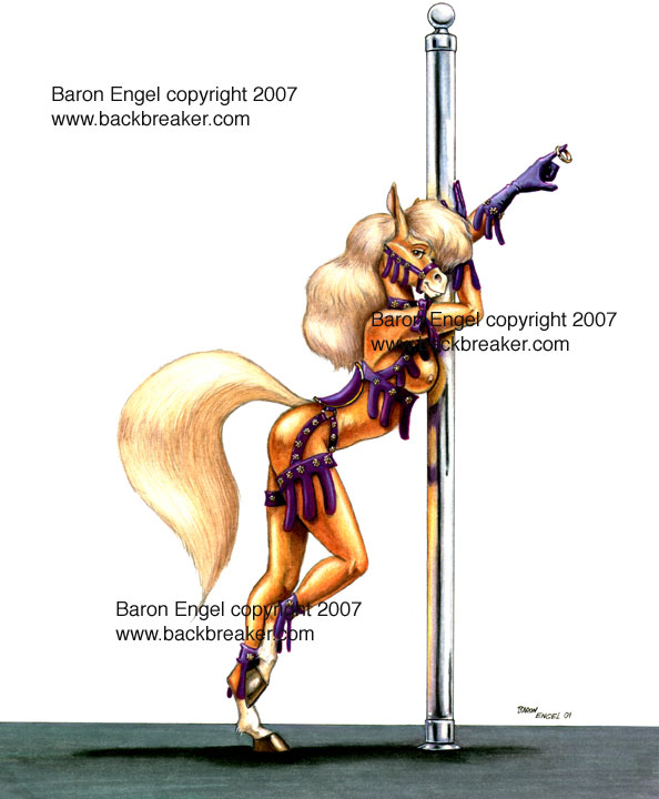 2001 anthro baron_engel blonde_hair breasts butt carol_harper clothing distracting_watermark equid equine female fur gloves hair handwear hooves horse looking_at_viewer mammal nipples on_one_leg orange_body orange_fur pole simple_background smile solo standing stripper_pole text unguligrade_anthro url watermark