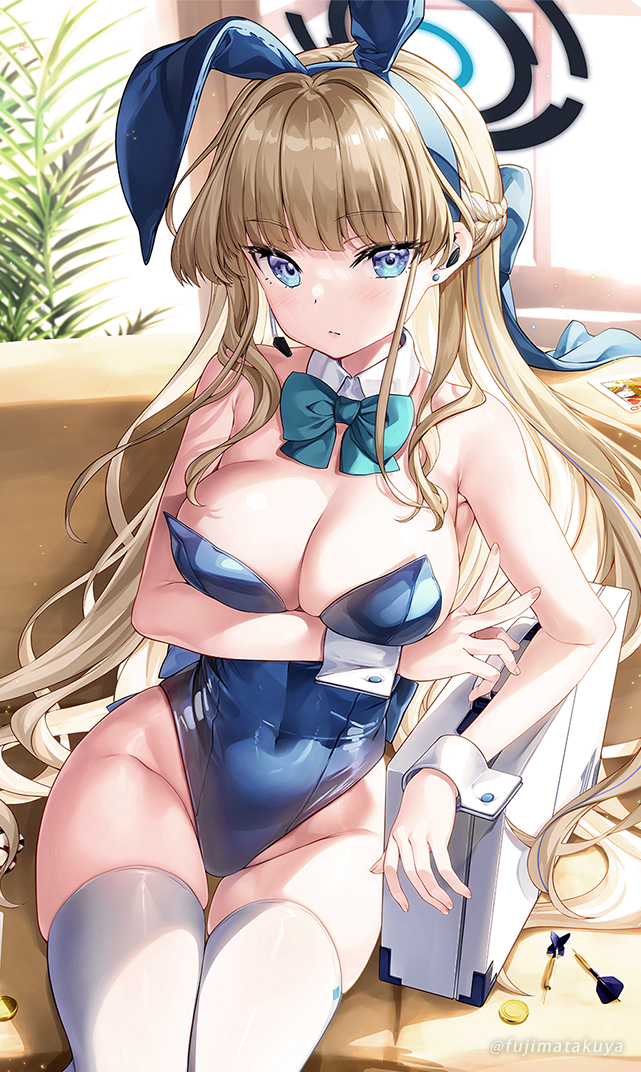 1girl animal_ears bare_arms bare_shoulders blonde_hair blue_archive blue_eyes blue_hairband blue_leotard bow bowtie braid breast_hold breasts cleavage closed_mouth covered_navel detached_collar earpiece expressionless fake_animal_ears fujima_takuya hair_bow hairband halo highleg highleg_leotard large_breasts leotard long_hair looking_at_viewer official_alternate_costume playboy_bunny rabbit_ears sitting skindentation solo strapless strapless_leotard suitcase thighhighs thighs toki_(blue_archive) toki_(bunny)_(blue_archive) v very_long_hair white_thighhighs wrist_cuffs