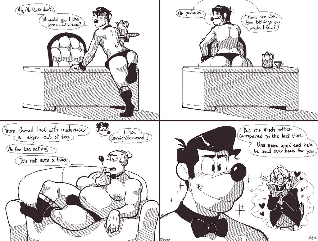 age_difference anthro black_hair bobthetanuki bow_tie bulge butt canid canine canis clothed clothing disney domestic_dog ducktales duckworth duo embarrassed feet footwear grey_hair hair jeeves male mammal mature_male muscular muscular_anthro muscular_male rear_view socks speedo swimwear toes topless underwear younger_male