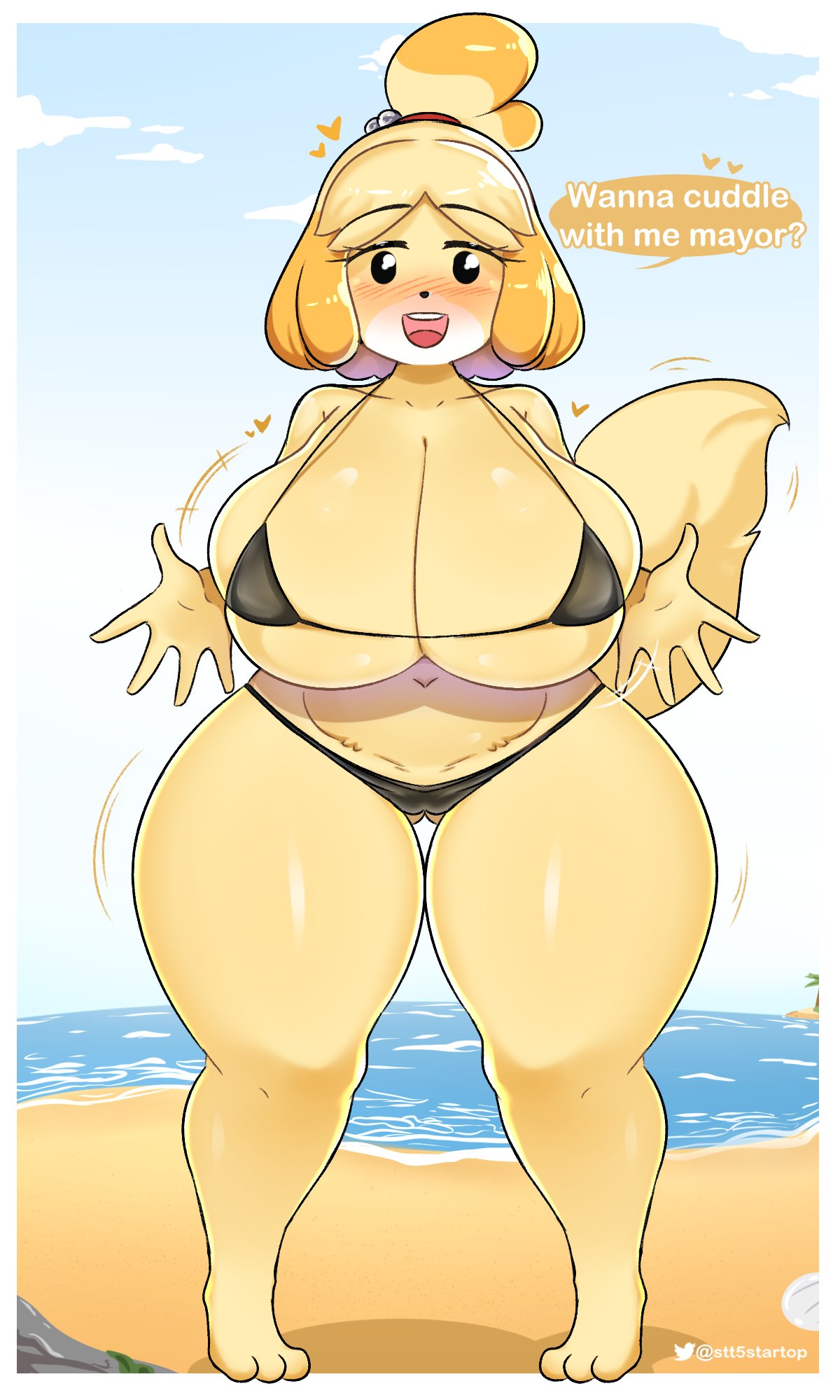 &lt;3 animal_crossing anthro beach big_breasts bikini blush breasts canid canine canis clothing domestic_dog english_text female hi_res huge_breasts huge_thighs isabelle_(animal_crossing) looking_at_viewer mammal nintendo open_mouth question_mark seaside shih_tzu solo speech_bubble startop swimwear text thick_thighs thigh_gap toy_dog wide_hips