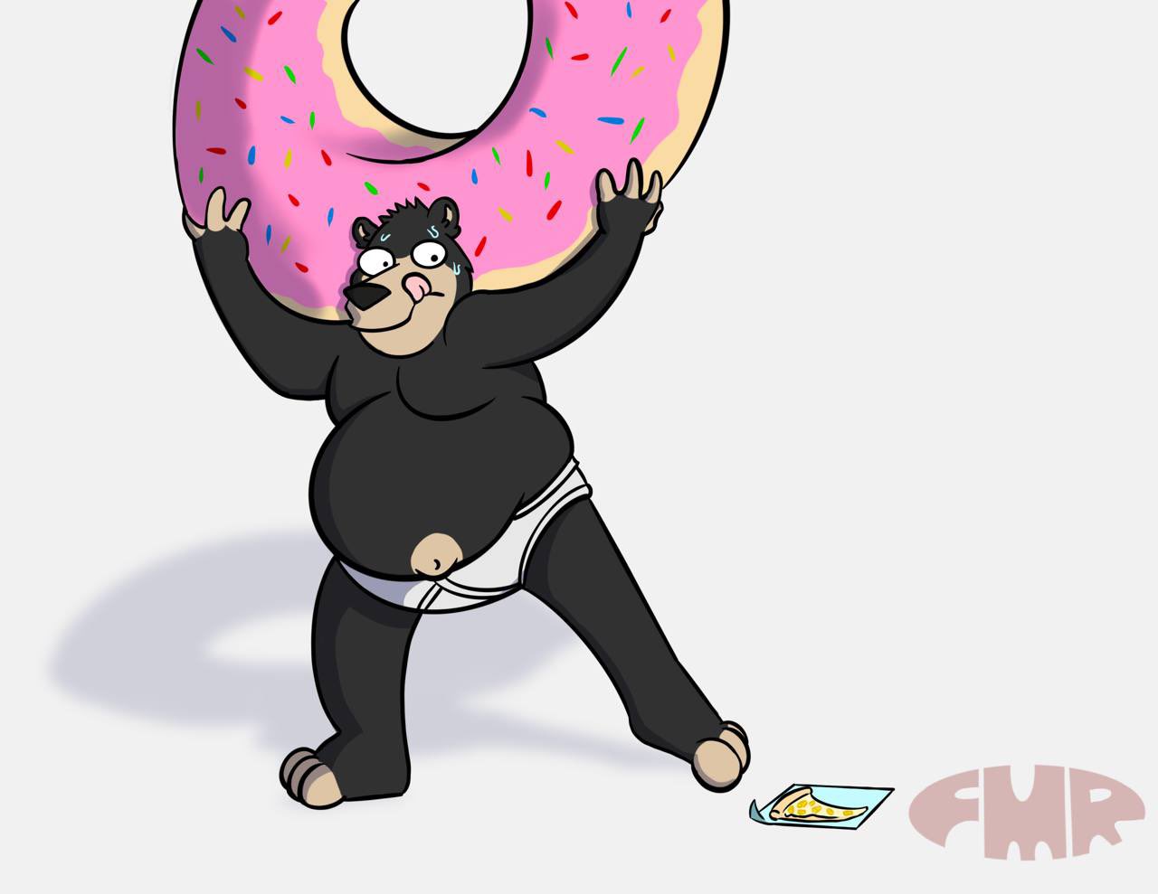 barefoot bear belly big_belly black_body black_fur black_nose bodily_fluids briefs briefs_only clothed clothing dessert dom_(foxmanad) doughnut feet food foxmanad fur heavy_object holding_donut holding_food holding_object large_food licking licking_lips male mammal monotone_briefs monotone_clothing monotone_underwear napkin navel overweight overweight_male pizza shadow signature simple_background sweat tan_body tan_fur the_simpsons tighty_whities tongue tongue_out topless underwear underwear_only white_background white_briefs white_clothing white_underwear y-fronts